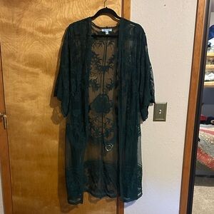 She + Sky Forest Green Sheer Embroidered Kimono
